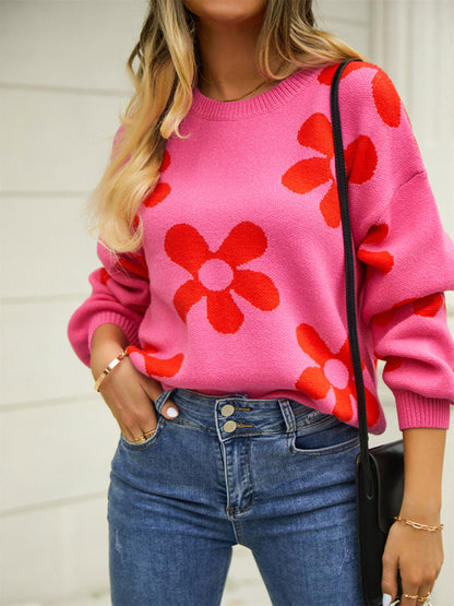Floral Long-Sleeve Pullover - Autumn-Winter Elegance
